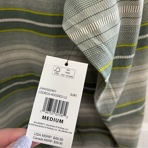BILLABONG Cedros Green Striped Cotton Hoodie NWT M - Picture 5 of 7